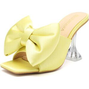 Women's Bow High Heels Mules Dress Sandals Slip On Party Wedding Bridal Yellow